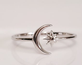 Moon Star Ring, Thin Crescent Moon Ring, Sterling Silver Women Ring, Boho Chic, Midi Ring, Adjustable Dainty Ring, 925 Moon Ring