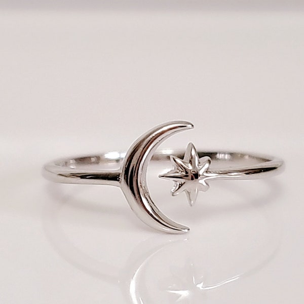 Moon Star Ring, Thin Crescent Moon Ring, Sterling Silver Women Ring, Boho Chic, Midi Ring, Adjustable Ring