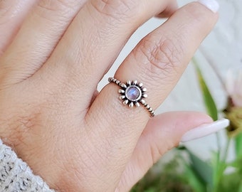 Sterling Silver Moonstone Flower Ring, Women's Ring, Rainbow Moonstone, Stack Ring, Bohemian, Minimalist Ring, 925 Stamped, Dainty Ring