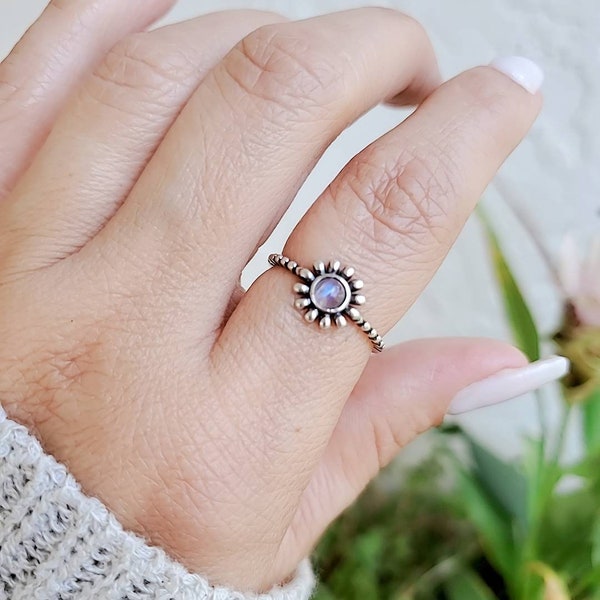 Sterling Silver Moonstone Flower Ring, Women's Ring, Rainbow Moonstone, Stack Ring, Bohemian, Minimalist Ring, 925 Stamped, Dainty Ring