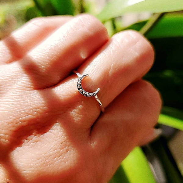 Crescent Moon Ring, Sterling Silver Women Ring, Thin Stack Moon Ring, Beaded Ring, Midi Ring, Dainty Simple Ring