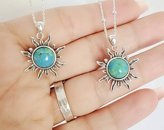 Sterling Silver Sun Pendant, Turquoise Sun, Onyx Sun, With Satellite Chain, Gift for Women, 925 Stamped, Large Sun Necklace