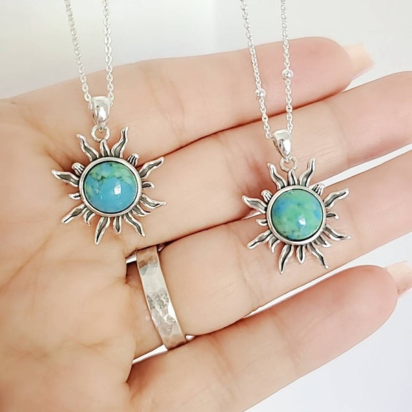 Sterling Silver Sun Pendant, Turquoise Sun, Onyx Sun, With Satellite Chain, Gift for Women, 925 Stamped, Large Sun Necklace
