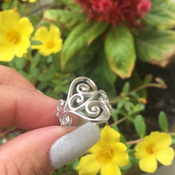 Sterling Silver women's Ring, Filigree Heart Ring, Bohemian Ring, 925 stamped, non tarnish, Statement Ring