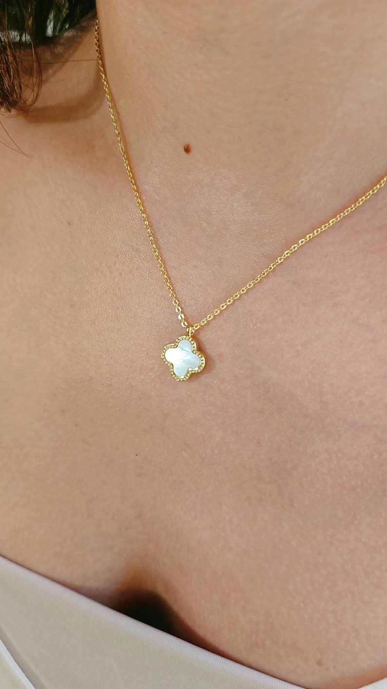 Mother of Pearl and Black Clover Gold Necklace, Reversable Pendant, Gold Chain with Clover Pendant, Four Leaf Quatrefoil Pendant, Gift Ideas image 3