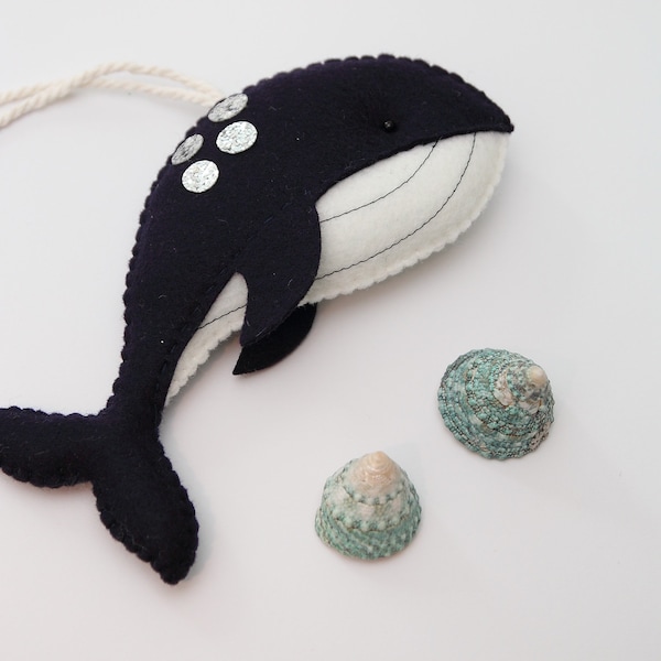 Nursery decor, deco pendant, whale, blue with glitter