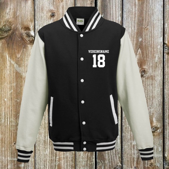 College jacket with desired print on the front with club name and number, training jacket, sports club, varsity jacket, black/white