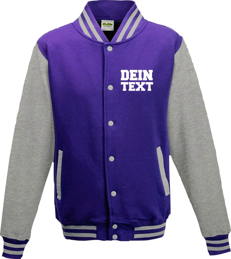 Varsity Jacket College Jacke mit Wunschdruck auf der Vorderseite Trainings Jacke Sport Verein Purple Weiß