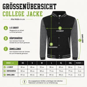 May include: A black and grey varsity jacket size chart featuring a visual diagram of the garment with labelled measurements for half chest, body length, and sleeve length, alongside a table listing dimensions in centimetres for sizes XS to XXL.
