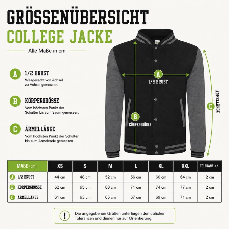 May include: A black and grey varsity jacket size chart featuring a visual diagram of the garment with labelled measurements for half chest, body length, and sleeve length, alongside a table listing dimensions in centimetres for sizes XS to XXL.