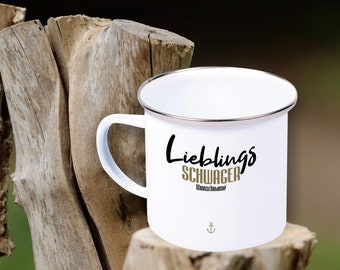 Emaille Becher "Lieblingsmensch Lieblings Schwager" mit Wunschname Tasse Tee Kaffeetasse Kaffeebecher Mug Retro Campen