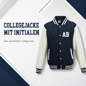 May include: A navy blue varsity jacket with cream-coloured sleeves, featuring white striped ribbed cuffs, collar, and hem. The front has a snap-button closure, two side pockets, and the white letters AB printed on the upper left chest area.