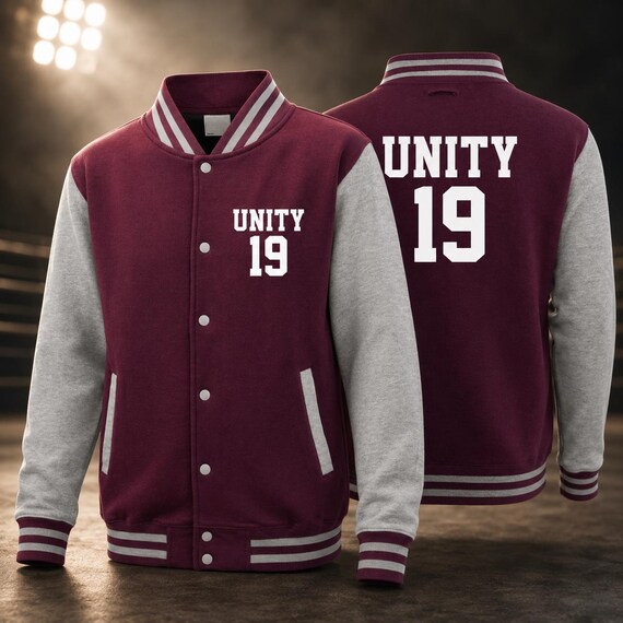 College jacket with club name and number on the front and back – personalized team jacket for clubs
