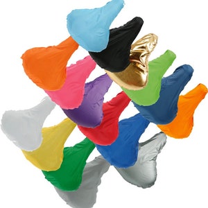Può includere: Una varietà di coprisedile per bicicletta colorati in diversi colori, tra cui blu, arancione, rosa, viola, rosso, giallo, verde, oro e nero.