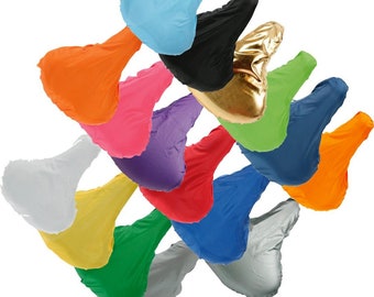 May include: A variety of colorful bike seat covers in different colors, including blue, orange, pink, purple, red, yellow, green, gold, and black.