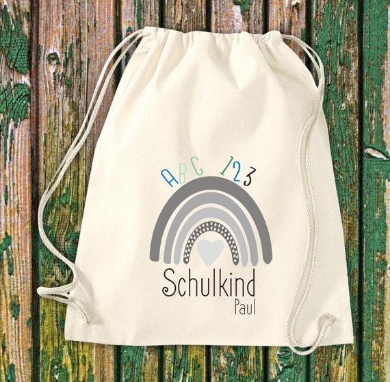 Turnbeutel mit Wunschtext "Schulkind Regenbogen mit Name" Kita Hort Schule Baumwolle Gymsack Tasche Beutel Sportbeutel