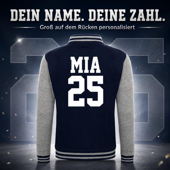 College jacket with name and number on the back – personalized birthday and year jacket