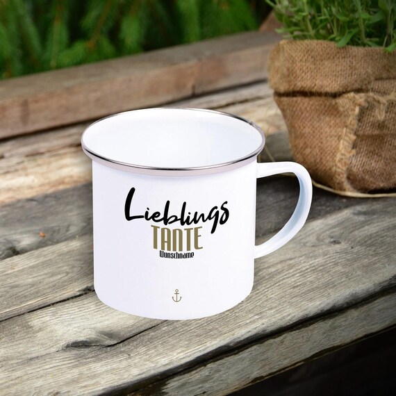 Emaille Becher "Lieblingsmensch Lieblings Tante" mit Wunschname Tasse Tee Kaffeetasse Kaffeebecher Mug Retro Campen