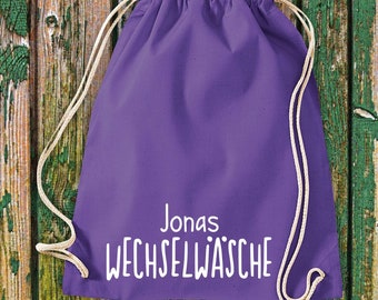 Sporttas, sporttas "Verschoonkleding met gepersonaliseerde naam" - Gepersonaliseerde tekst, naam, kleuterschool, naschoolse opvang, school, katoenen sporttas, tas