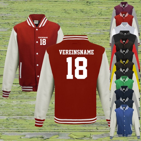 College Jacke mit Wunschdruck auf der Vorderseite und Rückseite mit Vereinsname und Zahl Trainings Jacke Sport Verein