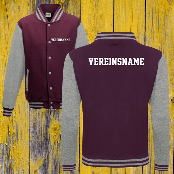 College jacket with desired print on the back and front with club name, training jacket, sports club, varsity jacket, burgundy/gray