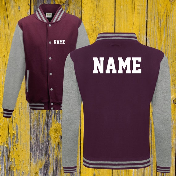 College jacket with desired print on the front and back with name, training jacket, sports club, varsity jacket, burgundy/gray