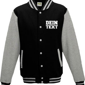 Varsity Jacket College Jacke mit Wunschdruck auf der Vorderseite Trainings Jacke Sport Verein Schwarz Hellgrau