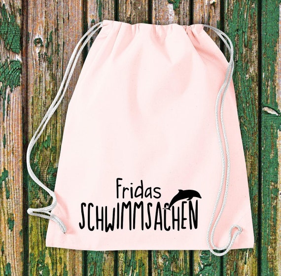 Turnbeutel Sportbeutel "Schwimmsachen mit Wunschnamen" Wunschtext Name Kita Hort Schule Baumwolle Gymsack Tasche Beutel