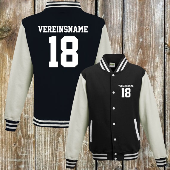 College jacket with desired print on the front and back with club name and number, training jacket, sports club varsity jacket