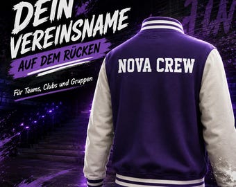 Collegejack met clubnaam op de achterkant – gepersonaliseerd teamjack voor clubs en groepen