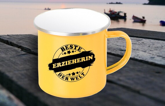 Emaille Becher "Beste Erzieherin der Welt" Tasse Kaffeetasse Kaffeebecher Mug Retro