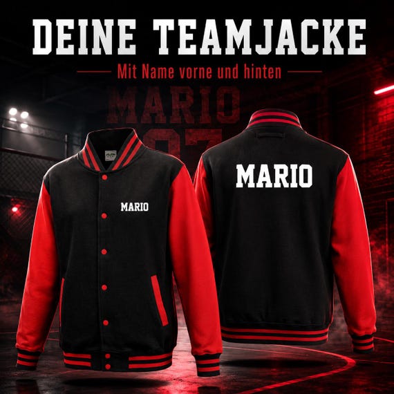 College jacket with name on the front and back – personalized team jacket for groups and employees