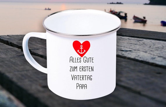 Emaille Becher "Alles Gute zum ersten Vatertag Vater Papa Dad" Tasse Kaffeetasse Kaffeebecher Mug Retro