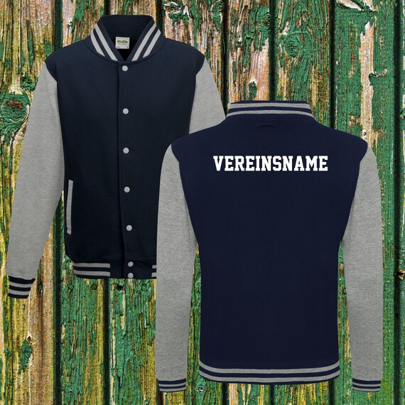 College jacket with desired print on the back with club name, training jacket, sports club, varsity jacket, navy/grey