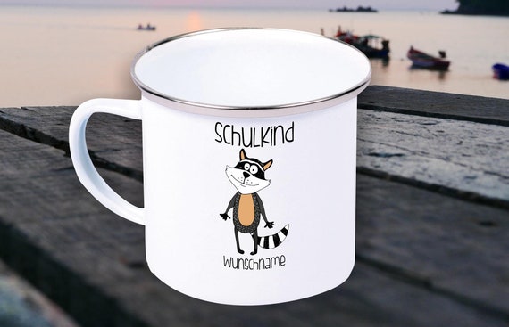 Enamel Children's Mug "Schoolchild with Desired Name and Animal Motif" Cup Tea Coffee Mug Coffee Mug Retro Camping