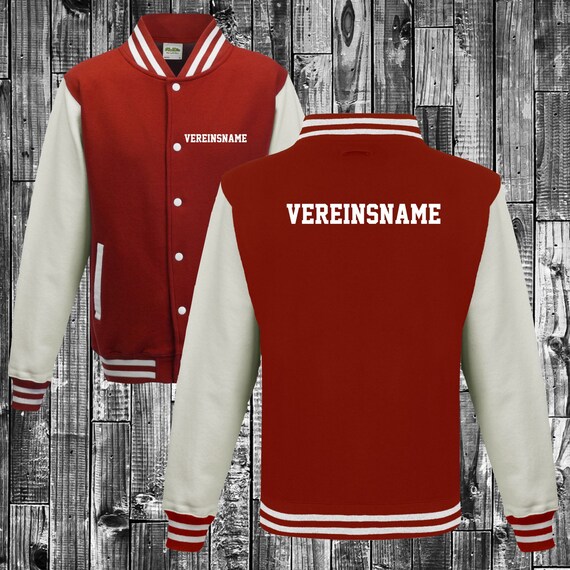 College jacket with desired print on the back and front with club name, training jacket, sports club, varsity jacket, red/white