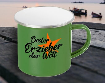 Emaille Becher "Bester Erzieher der Welt" Tasse Kaffeetasse Kaffeebecher Mug Retro