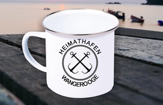 Emaille Becher "Heimathafen Wangerooge Urlaub Familie" Tasse Kaffeetasse Kaffeebecher Mug Retro