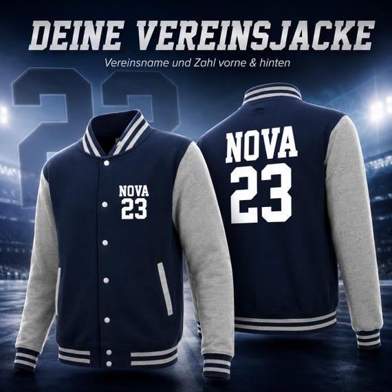 College jacket with club name and number on the front and back – personalized team jacket for clubs