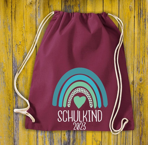 Turnbeutel "Regenbogen Schulkind mit Wunschjahr" Kita Hort Schule Baumwolle Gymsack Tasche Beutel Sportbeutel