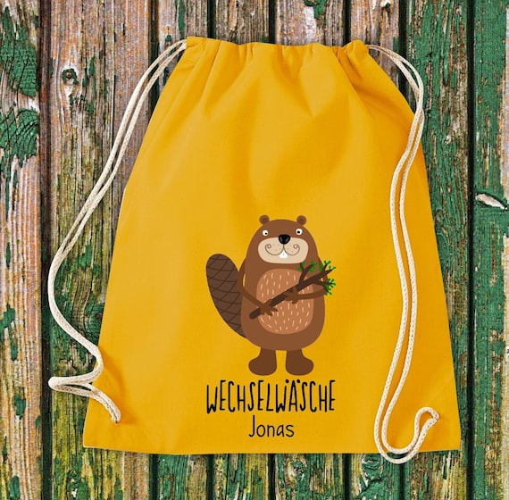 Gym bag sports bag "funny animals beaver, change of clothes with desired text daycare after-school school cotton gym sack bag pouch
