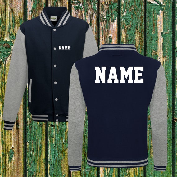 College jacket with desired print on the front and back with name, training jacket, sports club, varsity jacket, navy/grey