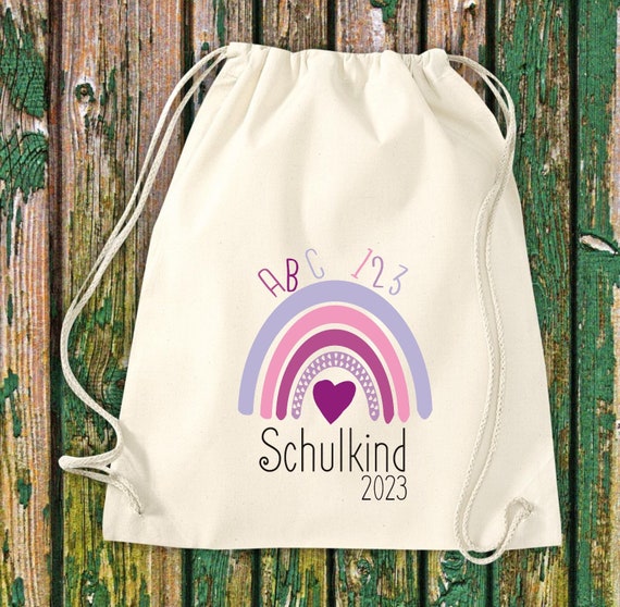 Turnbeutel mit Wunschtext "Schulkind Regenbogen mit Wunschjahr" Kita Hort Schule Baumwolle Gymsack Tasche Beutel Sportbeutel