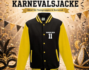 Karnevals Collegejacke mit Gruppenname und Zahl vorne – personalisierte Jacke für Fasching, Tanzgruppen und Vereine
