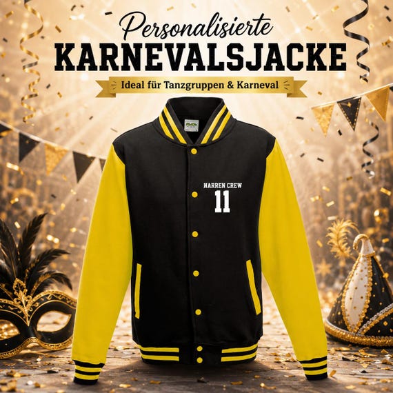 Karnevals Collegejacke mit Gruppenname und Zahl vorne – personalisierte Jacke für Fasching, Tanzgruppen und Vereine
