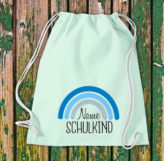 Turnbeutel "Regenbogen Schulkind mit Wunschname" Kita Hort Schule Baumwolle Gymsack Tasche Beutel Sportbeutel