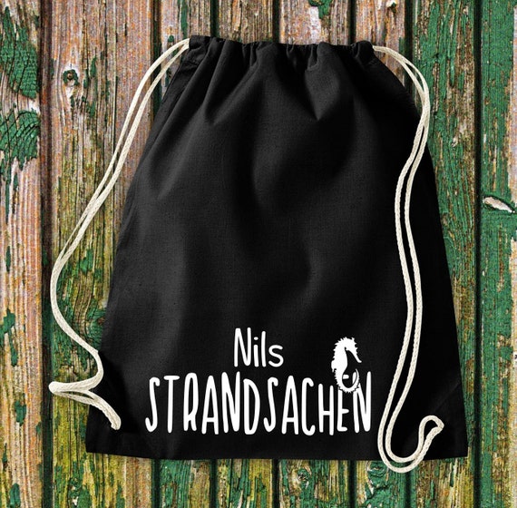 Turnbeutel Sportbeutel "Strandsachen mit Wunschnamen" Wunschtext Name Kita Hort Schule Baumwolle Gymsack Tasche Beutel