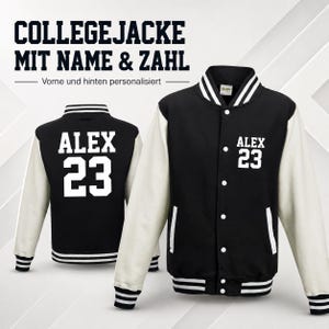 Puede incluir: Una chaqueta universitaria en blanco y negro con el nombre ALEX y el número 23 impresos en blanco en el pecho izquierdo y en la espalda. La chaqueta tiene mangas blancas, cuerpo negro, botones a presión blancos y puños y cuello acanalados.