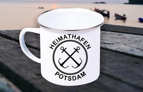 Emaille Becher "Heimathafen Potsdam Urlaub Familie" Tasse Kaffeetasse Kaffeebecher Mug Retro