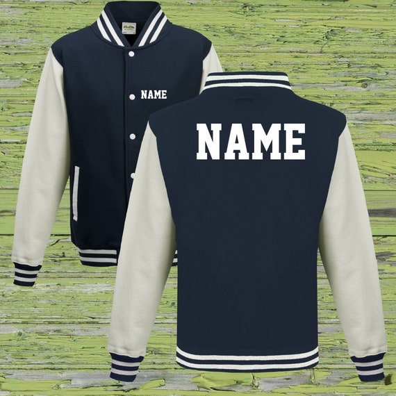 College jacket with desired print on the front and back with name, training jacket, sports club, varsity jacket, navy/white